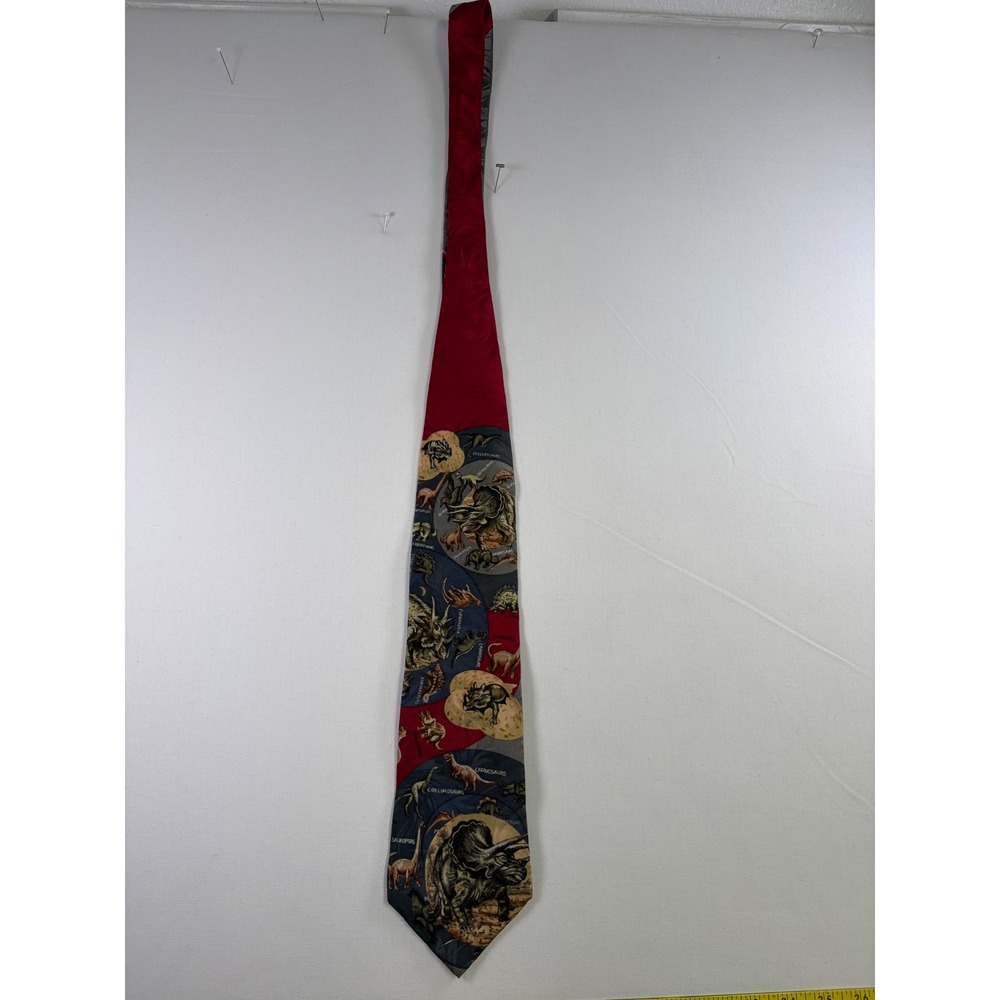 Natures Museum Collection Dinosaur Necktie Red Grey Triceratops Novelty Silk Tie